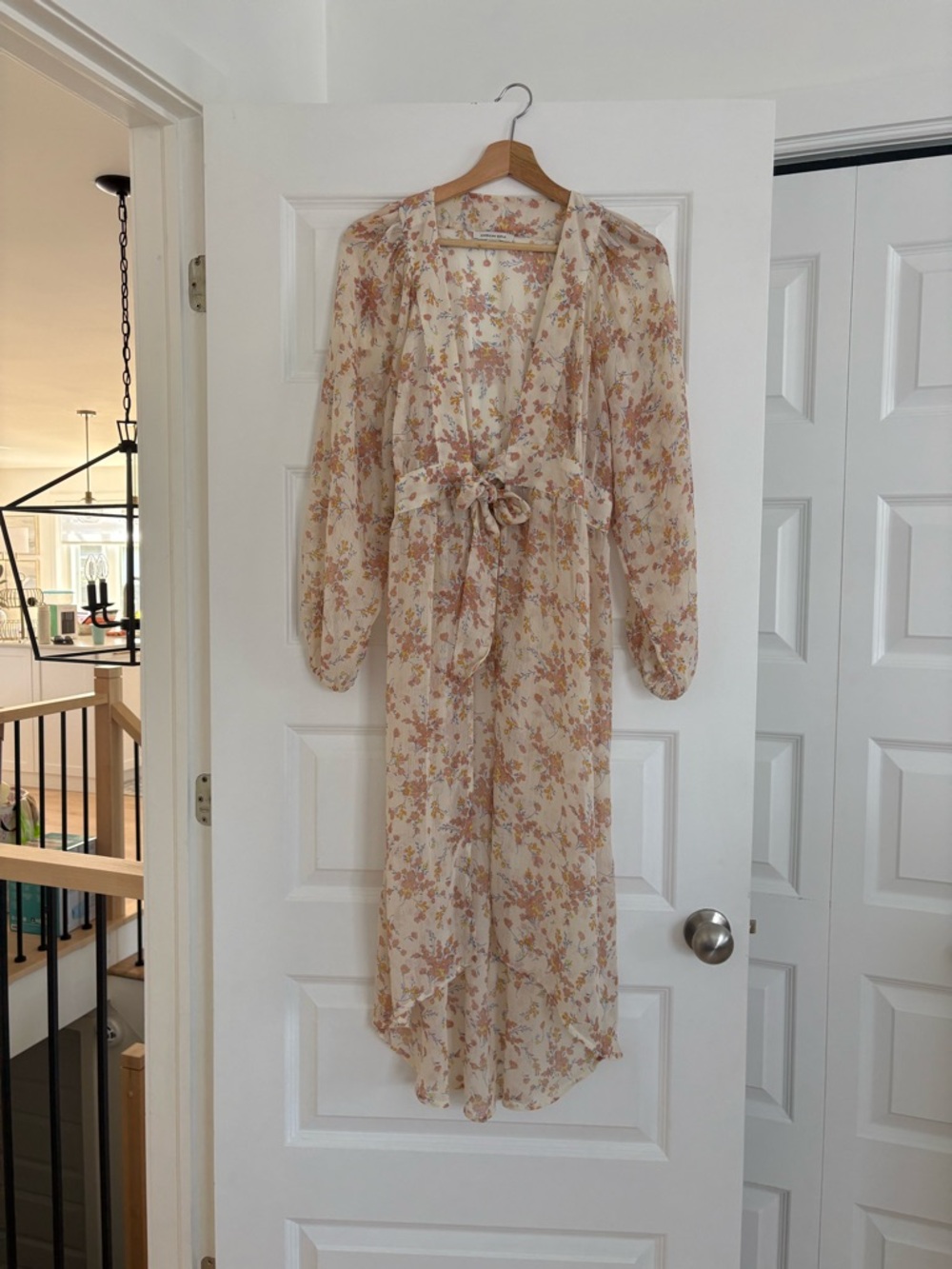 American Eagle Outfitters Cream Floral Tie-Front Midi Duster